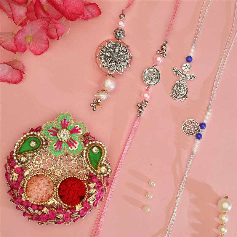 thumbnail video image 2 of Rakhi Thali Plate Platter with Bhai Bhabhi Rakhi for Brother Bhabhi Puja Pooja Thali with Set of 3 Bracelet Rakhi Dora Moli Rakhi set Festival Raksha Bandhan Gift Set Aarti Pooja Rituals (Size- 10"), 2 of 9