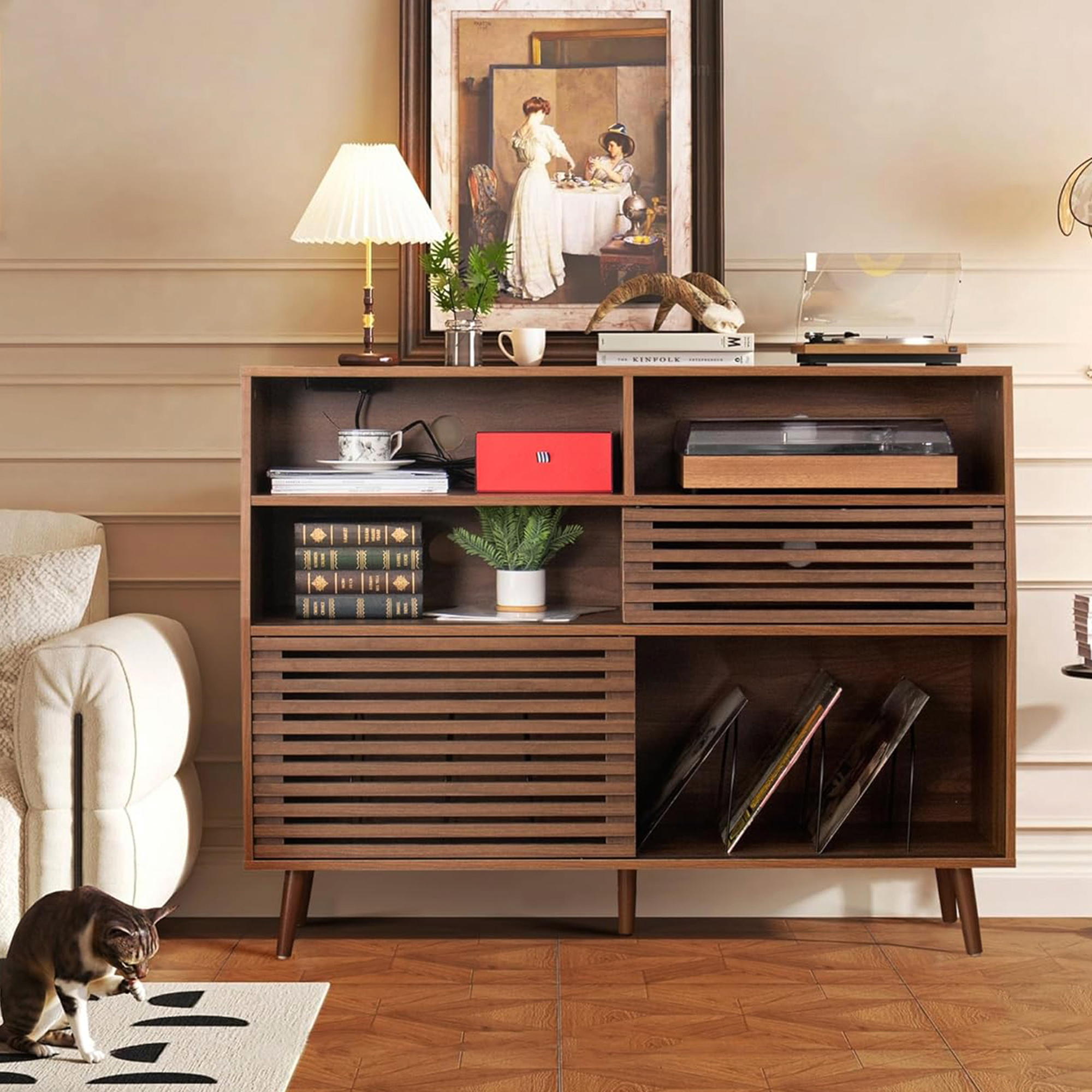thumbnail video image 2 of Record Player Stand, Mid-Century Turntable Stand with Charging Station, Vinyl Record Storage Cabinet for Living Room, Walnut, 2 of 9