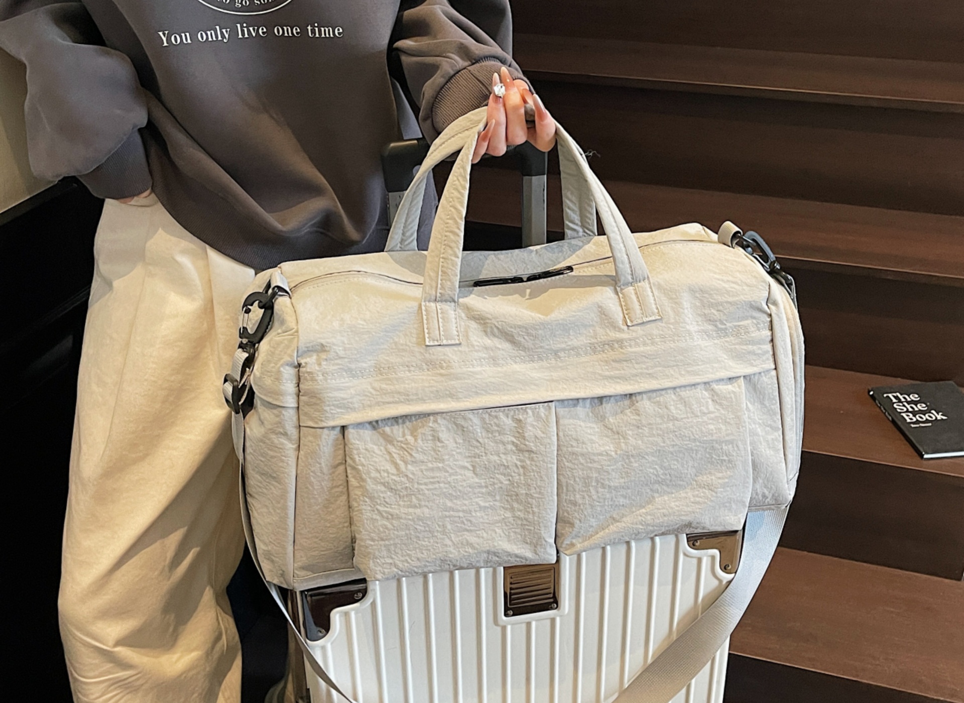 thumbnail video image 2 of URSOFINE Travel Duffle Bag with Shoes Compartment, Overnight Weekender Bag with Wet Pocket, Small Gym Bag for Women and Men, Luggage Bag with Trolley Sleeve for Airplane, 2 of 6