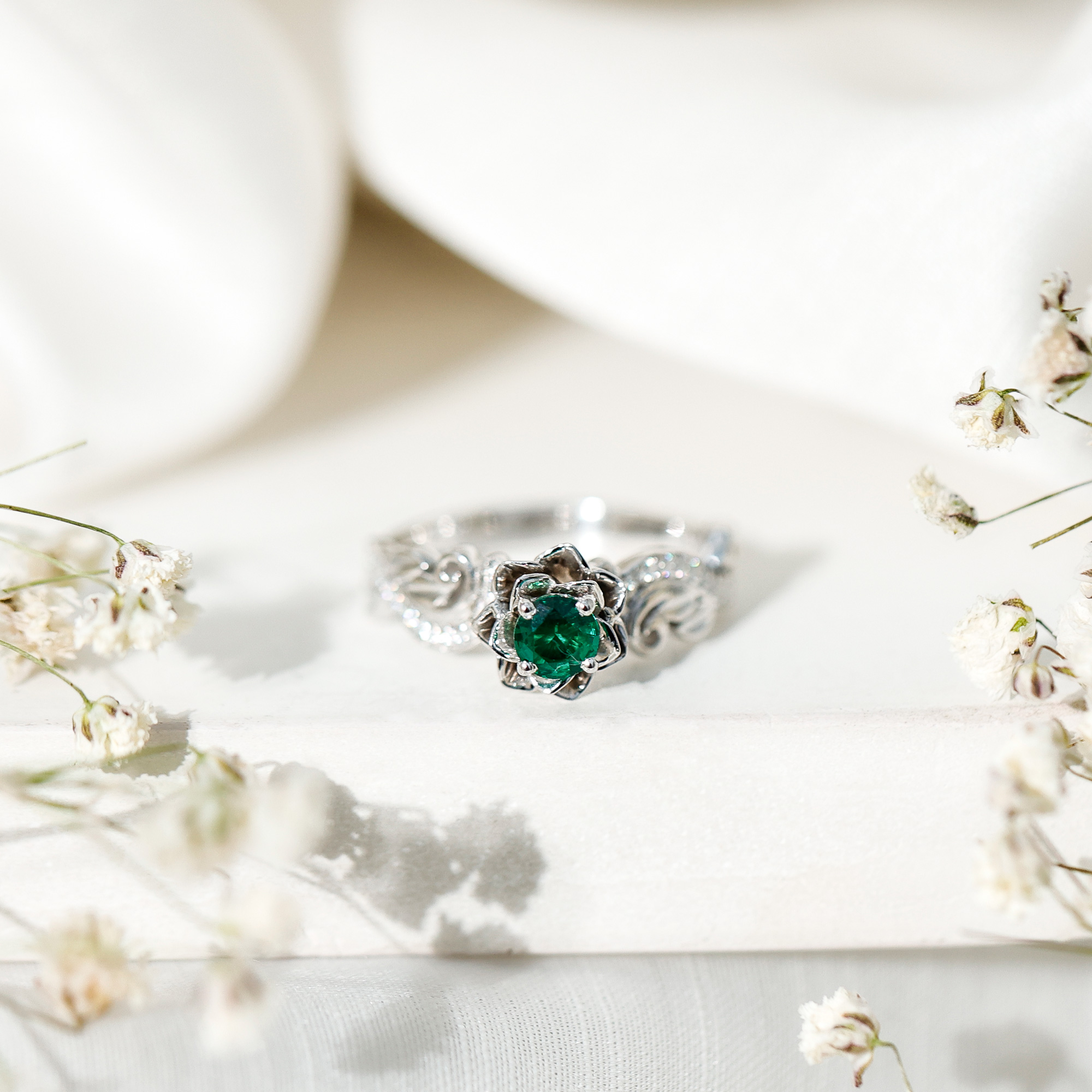 thumbnail video image 2 of Rosec Jewels Lab Grown Emerald Flower Engagement Ring - Emerald Moissanite Ring for Women - AAAA Quality - with Jewelry Box, 14K Yellow Gold, US 3.50, 2 of 9