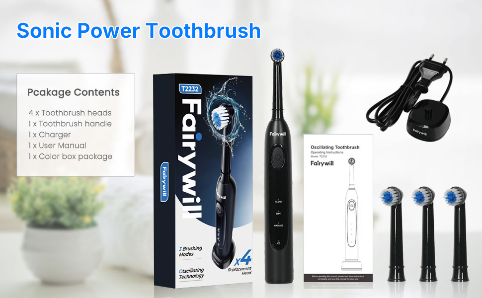 thumbnail video image 3 of Fairywill Rotating Electric Toothbrush for Adults, Rechargeable Spin Ultrasonic Toothbrush with Plug-in Charging,4 Brush Heads, Black, 3 of 15