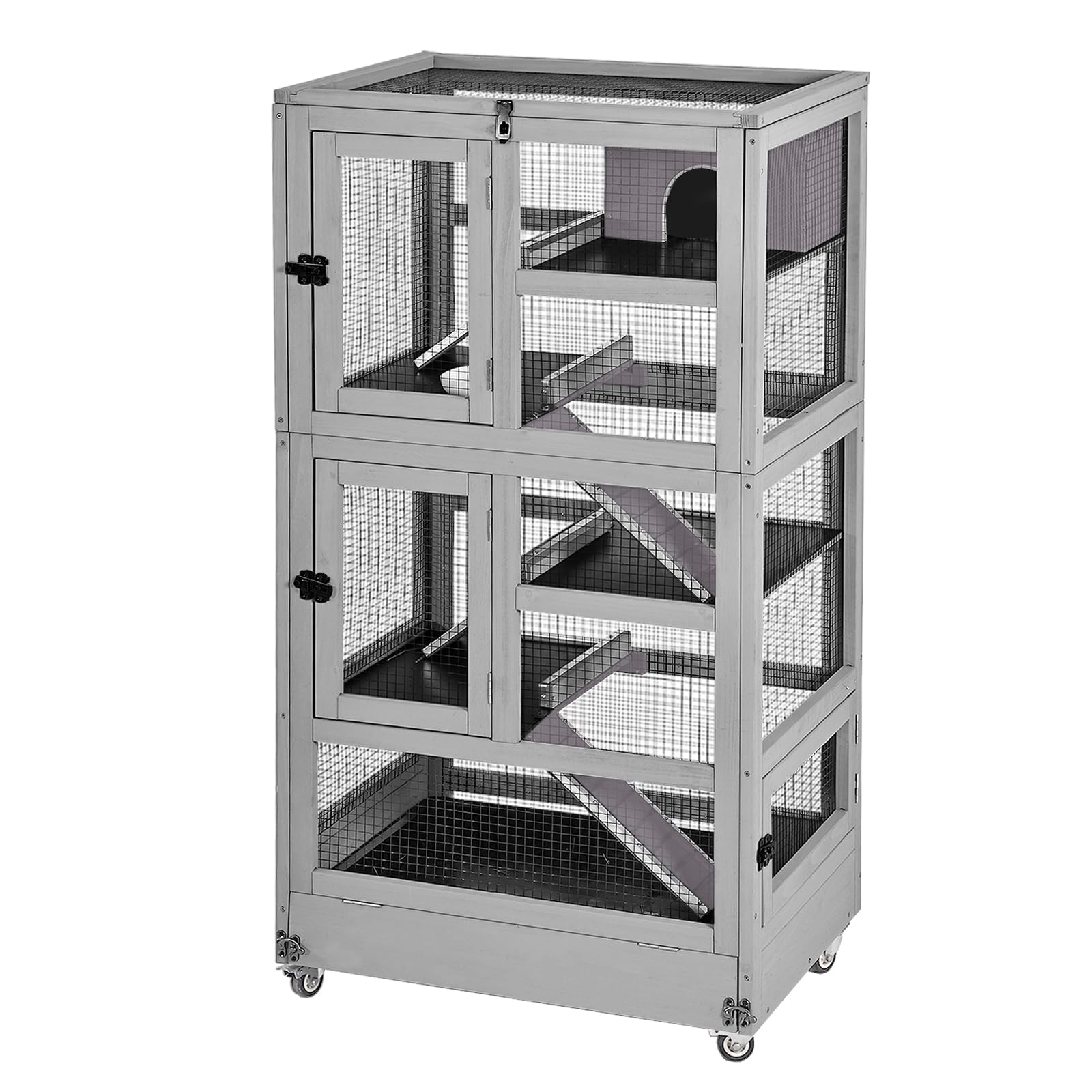 thumbnail video image 2 of MEDEHOO 5-Level Small Animal Cage - Wooden Ferret Cage with Anti-Chew Metal Frame, Wheels & Removable Trays for Chinchillas, Hedgehogs, Indoor/Outdoor Use, 2 of 9