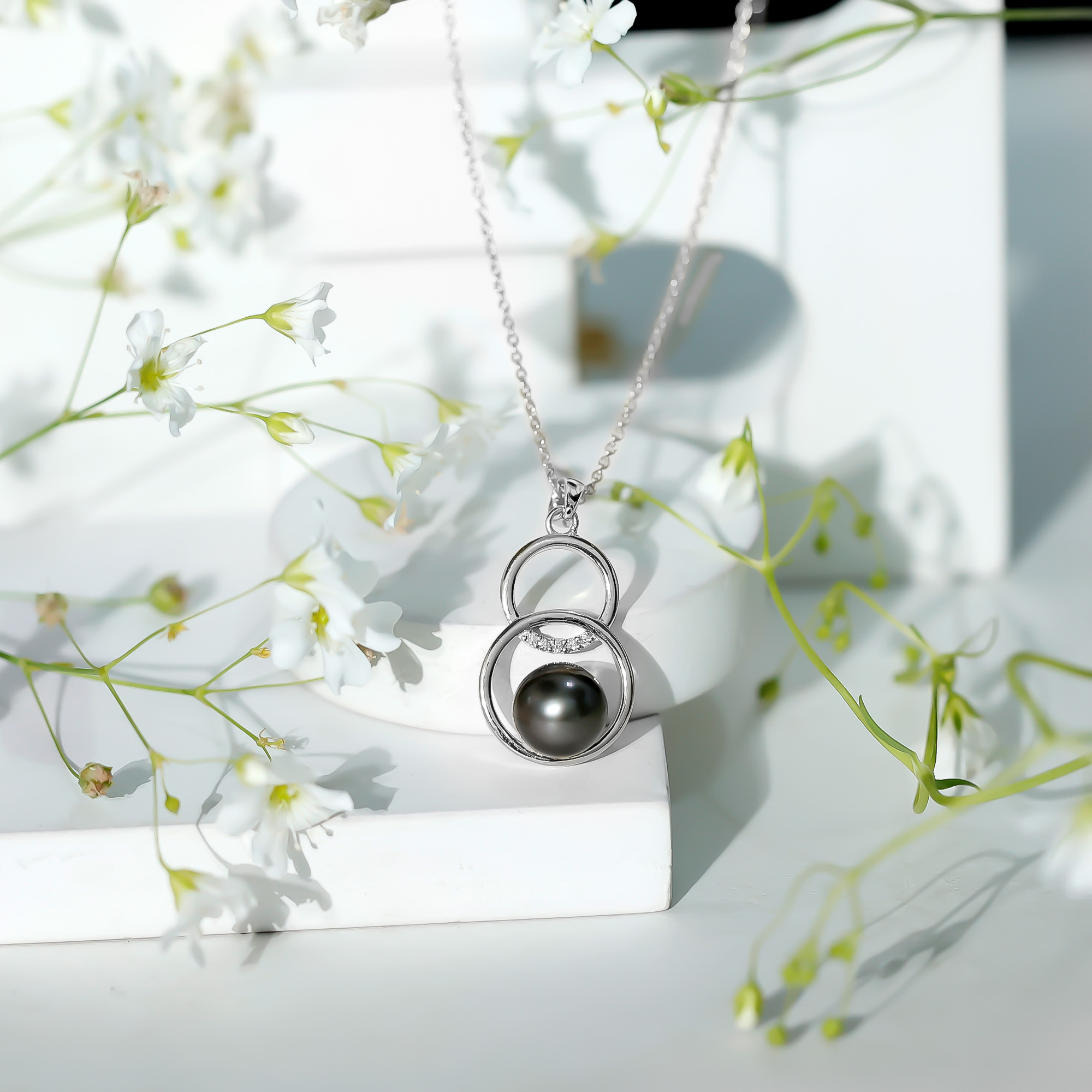 thumbnail video image 2 of Rosec Jewels Black Tahitian Pearl Eternity Pendant Necklace with Diamond - Double Circle Necklace - Ready to Gift for Women, 14K Yellow Gold, 2 of 8