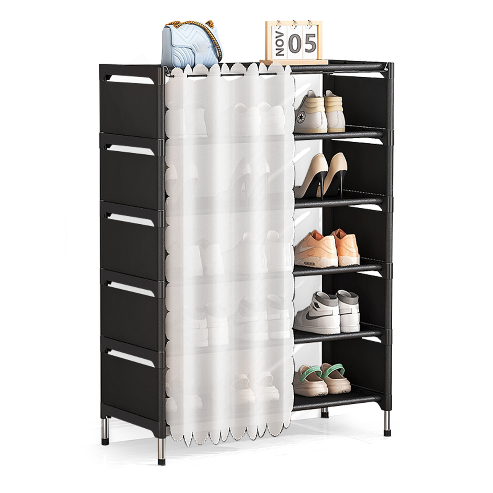 thumbnail video image 2 of 6 Tier Shoe Rack with Privacy Curtain, Dust-Proof Shoe Organiser Sturdy for Wardrobe Entrances, Hallways (Black), 2 of 10