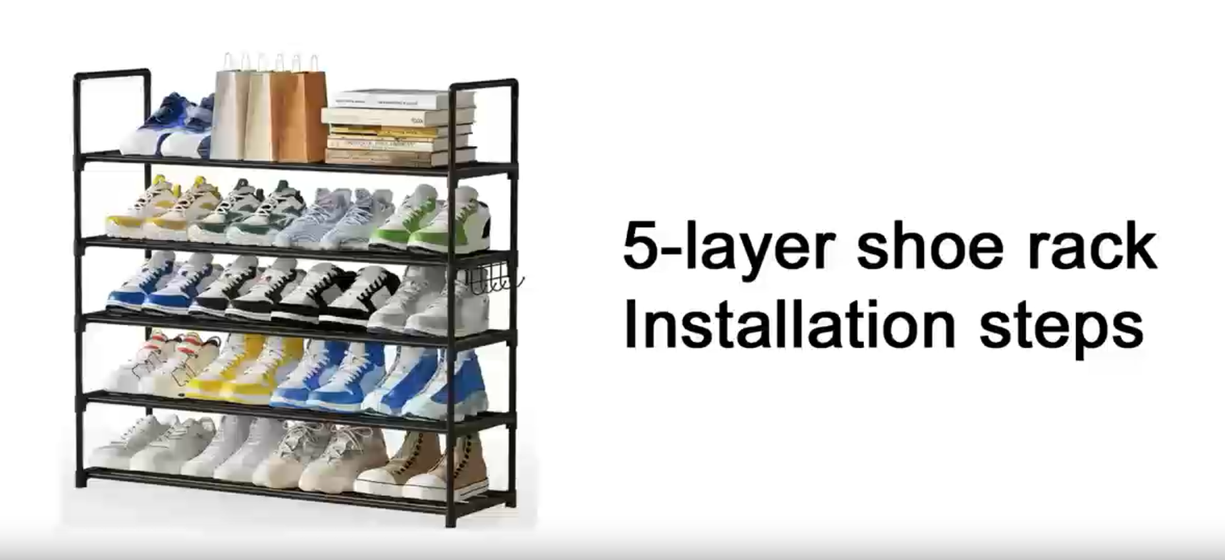 thumbnail video image 2 of Riousery 5-Tier Shoe Rack, Metal Shoe Organizer with Hook, 40" x 12" x 37", Holds up to 30 Pairs for Entryway or Closet, Black, 2 of 8