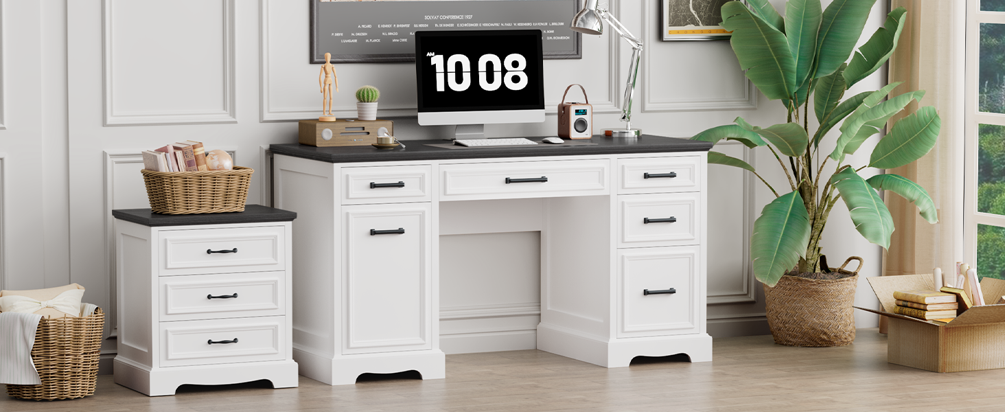 thumbnail video image 2 of White Executive Home Office Desk with Charging Station and Drawers for Work Study Writing, 55.1" Farmhouse Computer Desk with Storage File Drawers for Home Office Men Women, 2 of 10