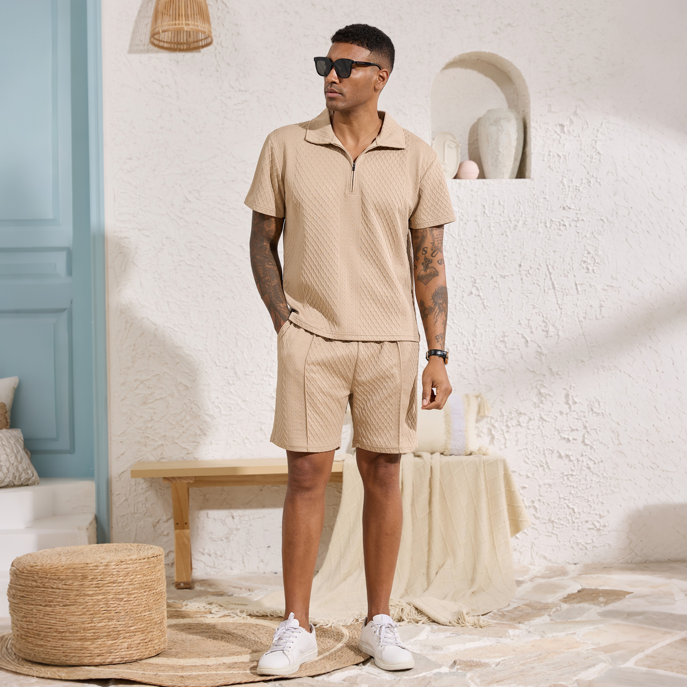 thumbnail video image 2 of Fexilor Men's 2 Piece Casual Quarter Zip Polo Shirt Set Summer Vacation Beach Outfit,Sizes S-2XL, 2 of 9