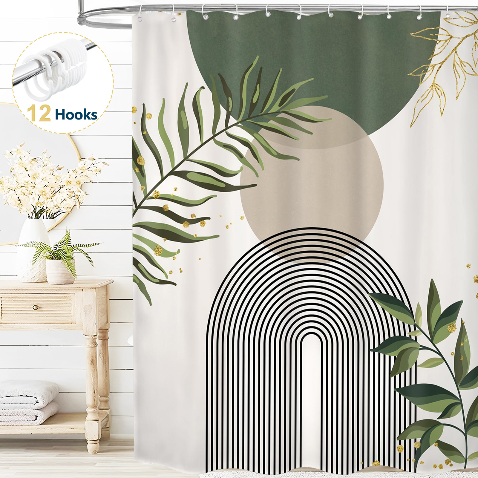 thumbnail video image 2 of Dznils Boho Shower Curtain with Hooks, Modern Abstract Fabric Bathroom Curtain, 72" x 72", Green, 2 of 11