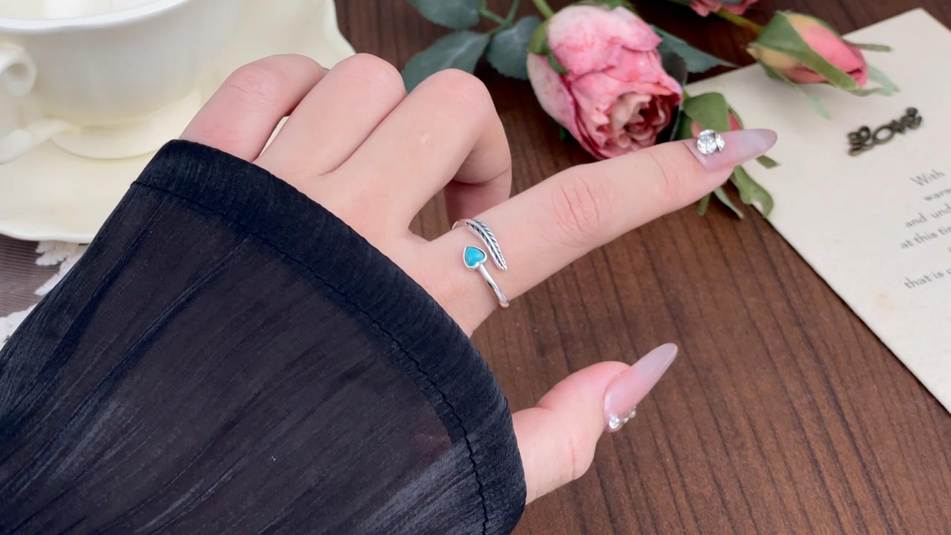 thumbnail video image 2 of Coachuhhar Turquoise Feather Ring 925 Sterling Silver Adjustable Ring Western Thumb Rings Vintage Jewelry Gifts for Women, 2 of 8