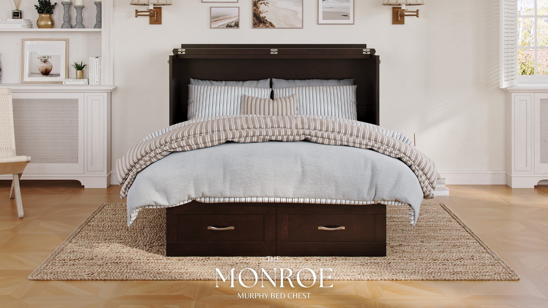 thumbnail video image 2 of AFI Monroe Queen Solid Wood Murphy Bed Chest with 6" Mattress, Drawer & Charger, Espresso, 2 of 22