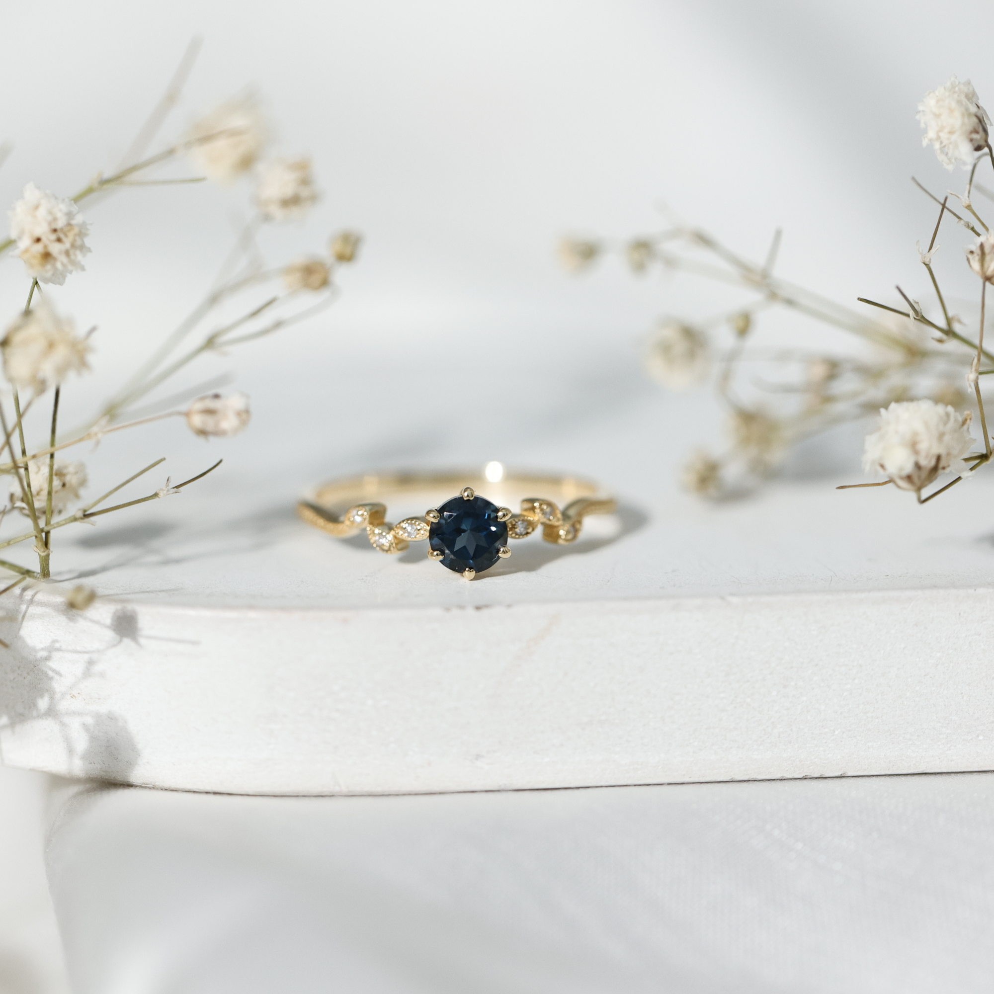 thumbnail video image 2 of Rosec Jewels London Blue Topaz Promise Ring with Diamond, Beaded Leaf Ring - AAA Quality, 18K Yellow Gold, US 3.00, 2 of 9