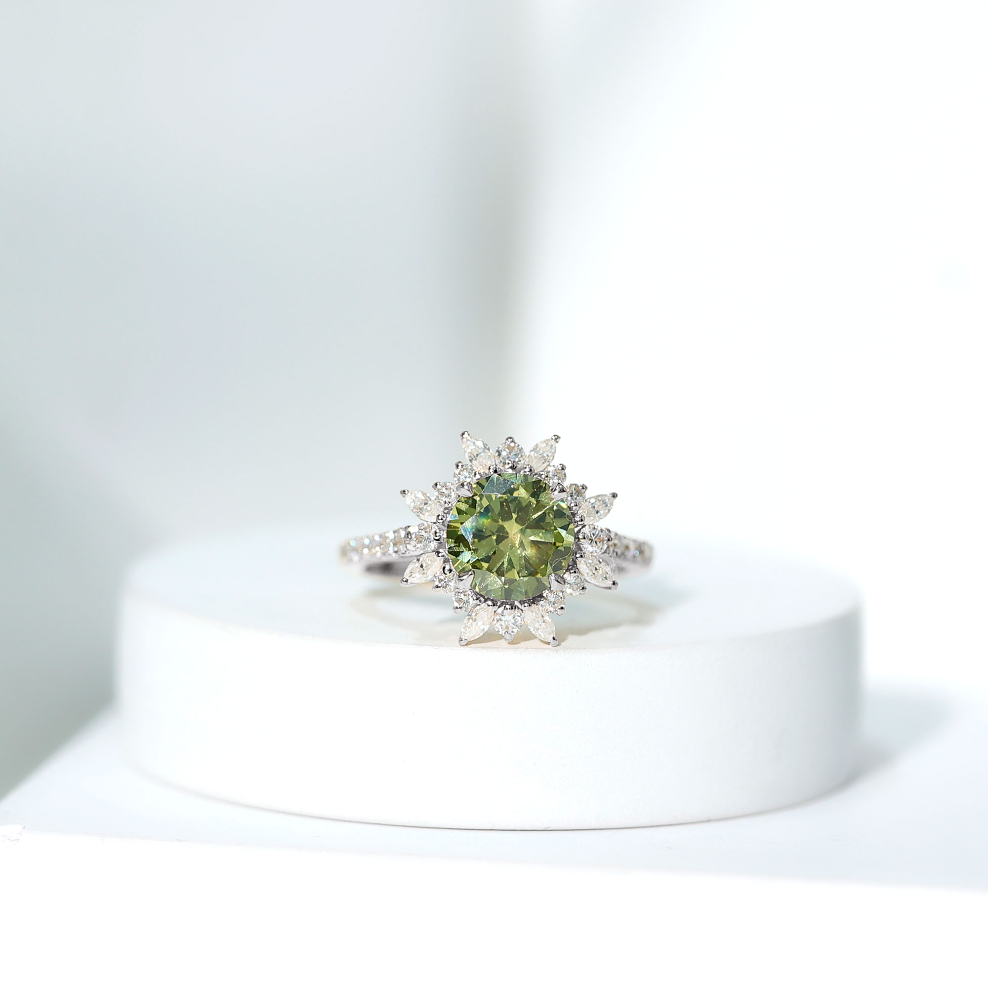 thumbnail video image 2 of Rosec Jewels Lab Grown Green Sapphire Engagement Ring with Halo - 8 mm - Certified Sapphire Moissanite Ring - AAAA Grade, 14K White Gold, US 11.00, 2 of 9