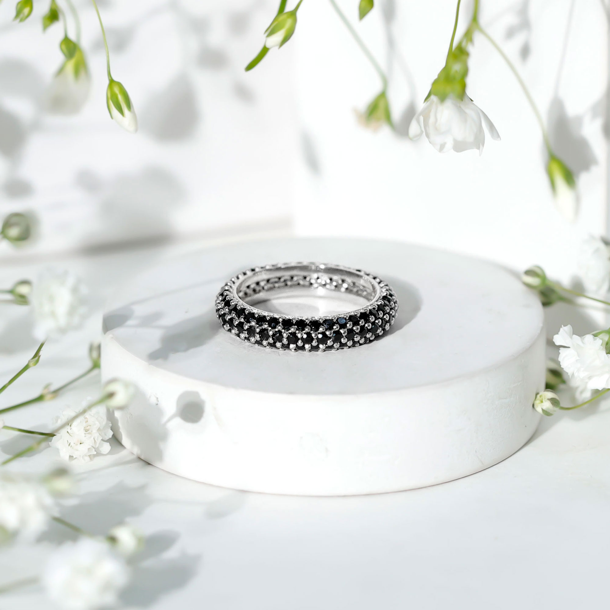 thumbnail video image 2 of Rosec Jewels Certified Black Onyx Full Eternity Band - Anniversary Band Ring for Women - AAA Quality - With Jewelry Box, 14K White Gold, US 6.00, 2 of 8