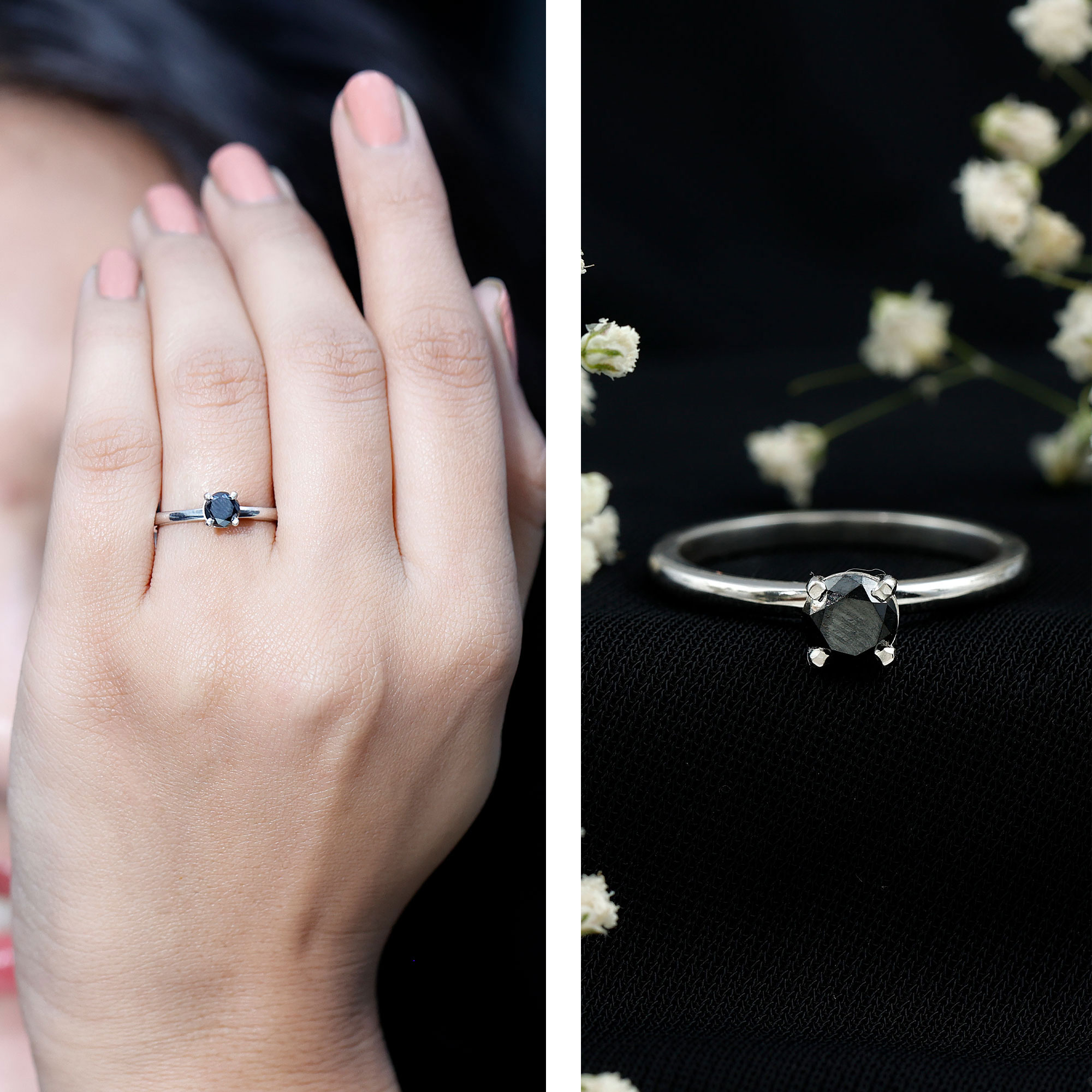 thumbnail video image 2 of Rosec Jewels Natural Black Diamond Promise Ring for Women - Half Carat - April Birthstone Ring - AAA Quality - Ready to Gift, 18K Yellow Gold, US 9.00, 2 of 9