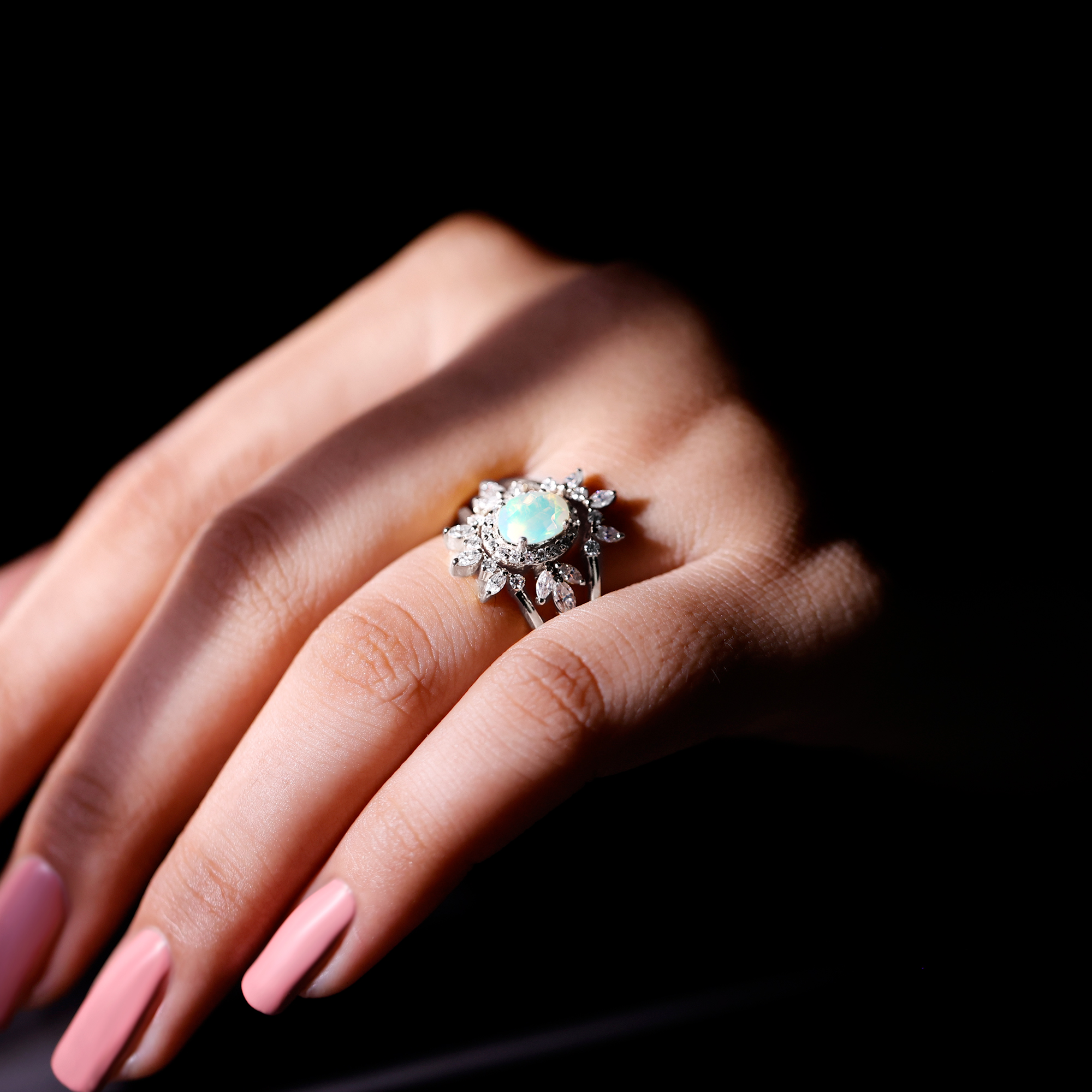 thumbnail video image 2 of Real Ethiopian Opal Ring Set with Moissanite for Women - 0.9 Carat Oval Engagement Ring with Wedding Band, 925 Sterling Silver, US 4.00, 2 of 9