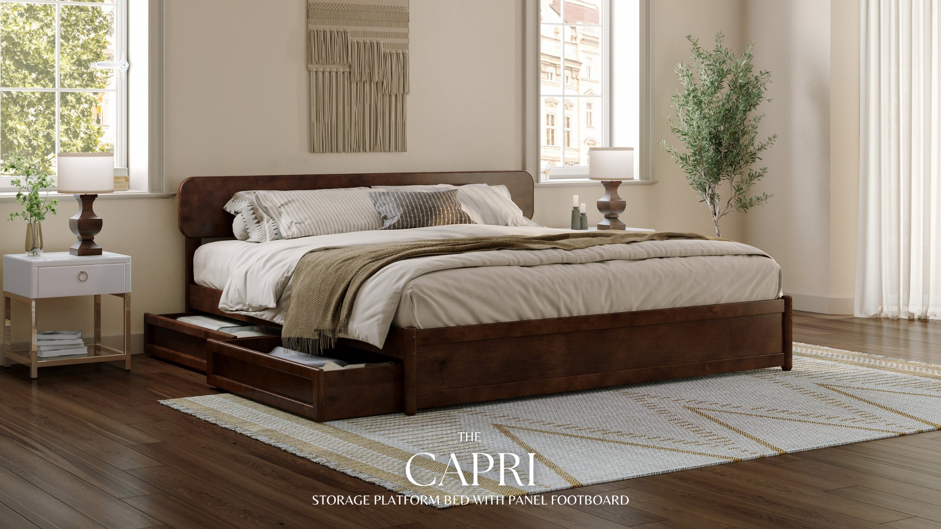 thumbnail video image 2 of AFI Capri King Wood Platform Bed with Panel Footboard and Storage Drawers, Light Toffee, 2 of 17