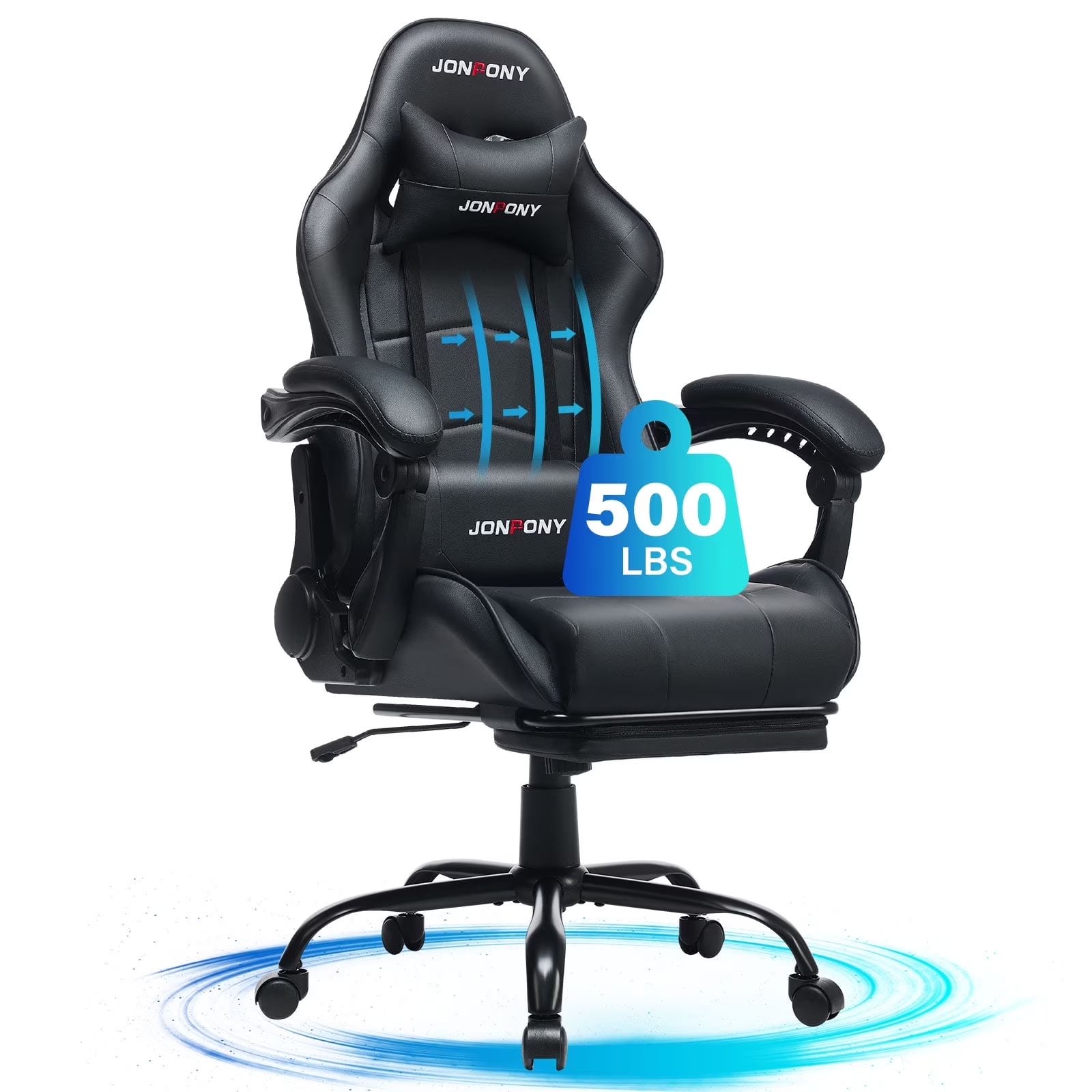thumbnail video image 2 of JONPONY Big and Tall 500LBS Gaming Chair, Ergonomic Design, Gamer Chair PU Leather with Footrest and Lumbar Support, High Back Office Chair Support, Long Sitting Computer Chair, Black, 2 of 9