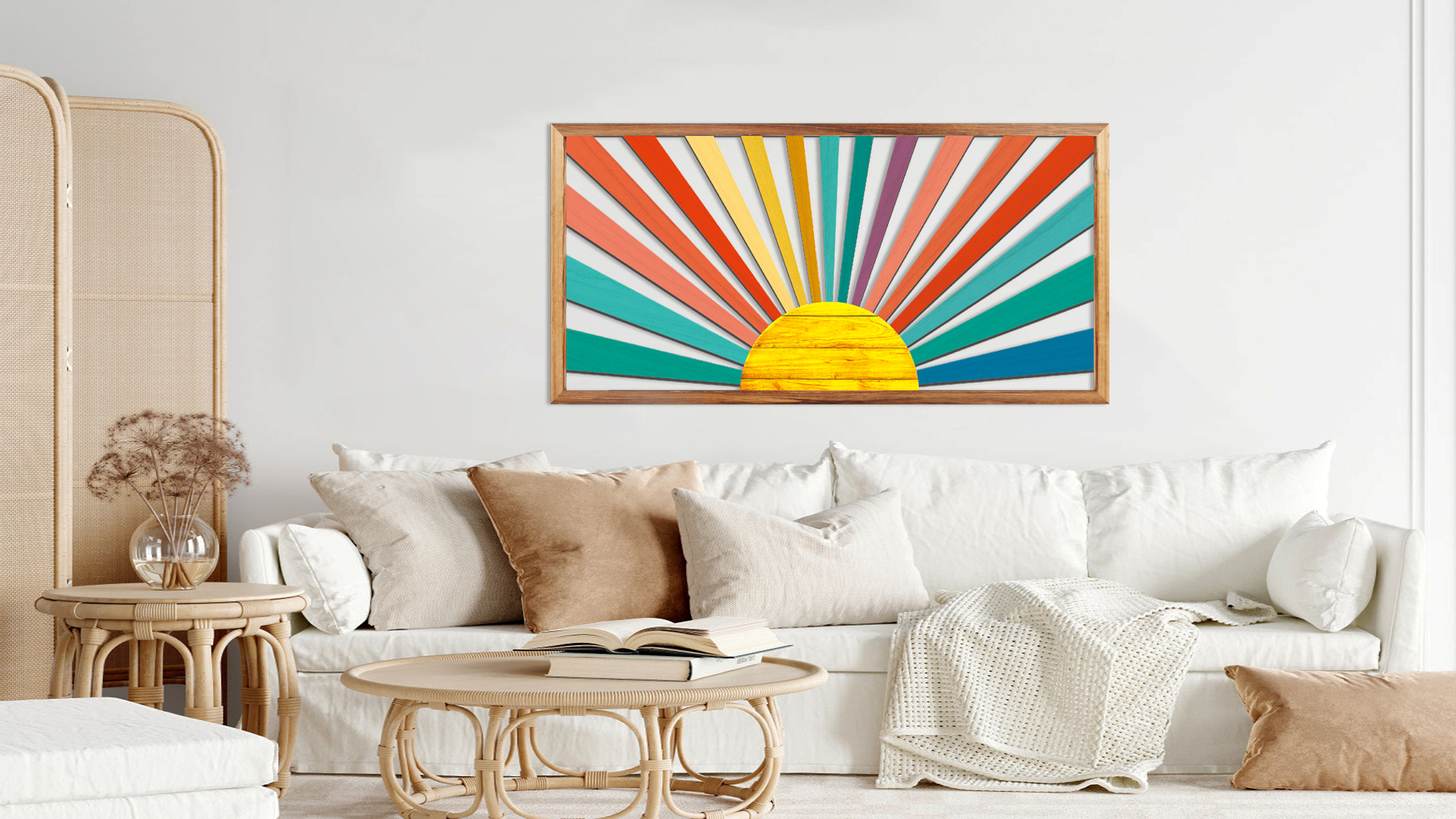 thumbnail video image 2 of HPNIUB Boho Sun Framed Wooden Wall Art Colorful Rainbow Geometric Line Decor Sunshine Artwork for Living Room Bedroom Office 16x32 Inch, 2 of 9
