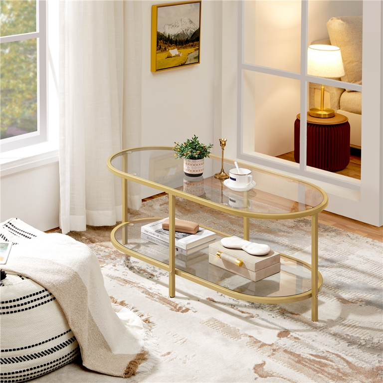 Alden Design Two-layer Modern Oval Glass Coffee Table for Living