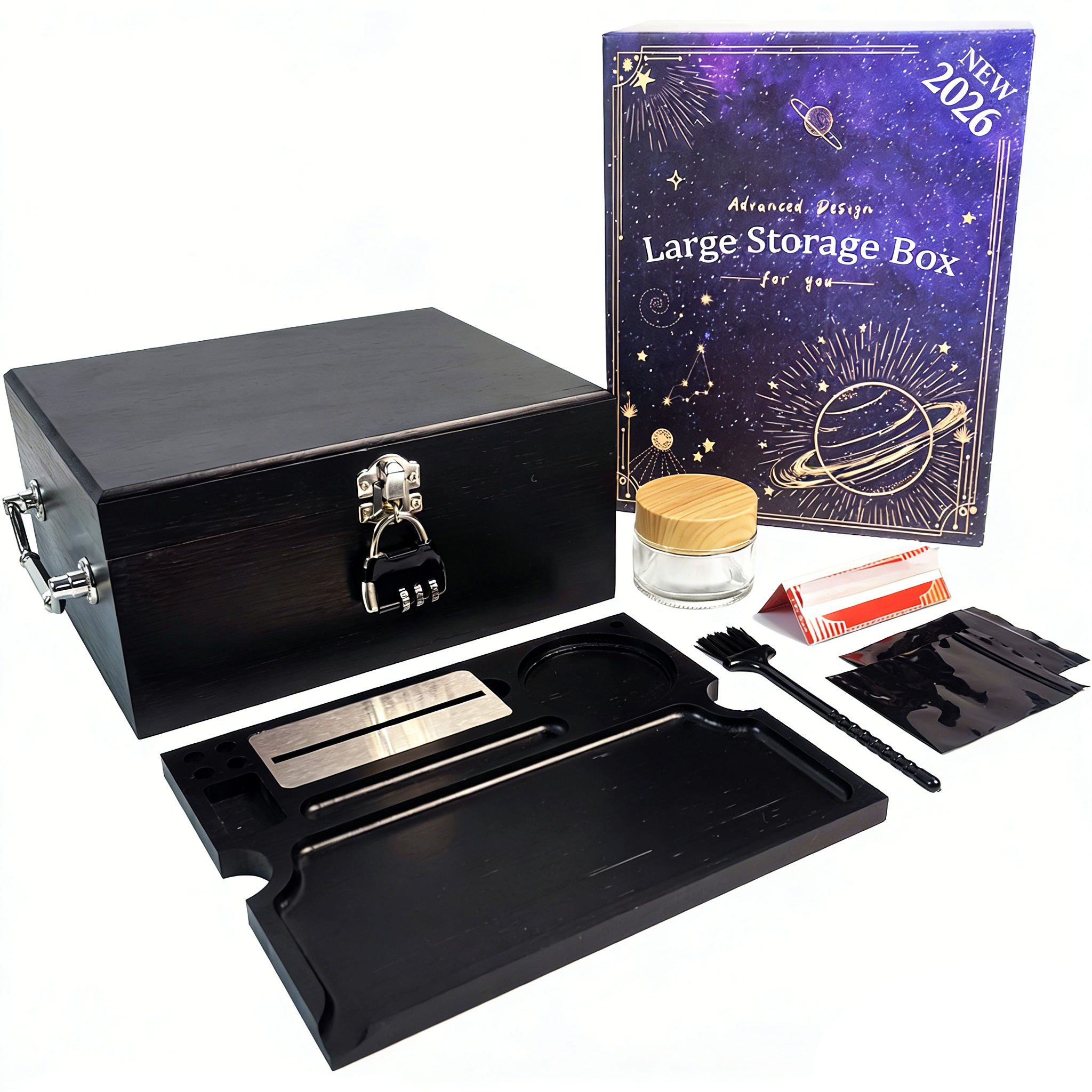 thumbnail video image 2 of Large Bamboo Storage Box with Tray Combination Lock Decorative box for Home Great Father Day Gifts Locking Storage with Glass Jar Accessories, 2 of 7