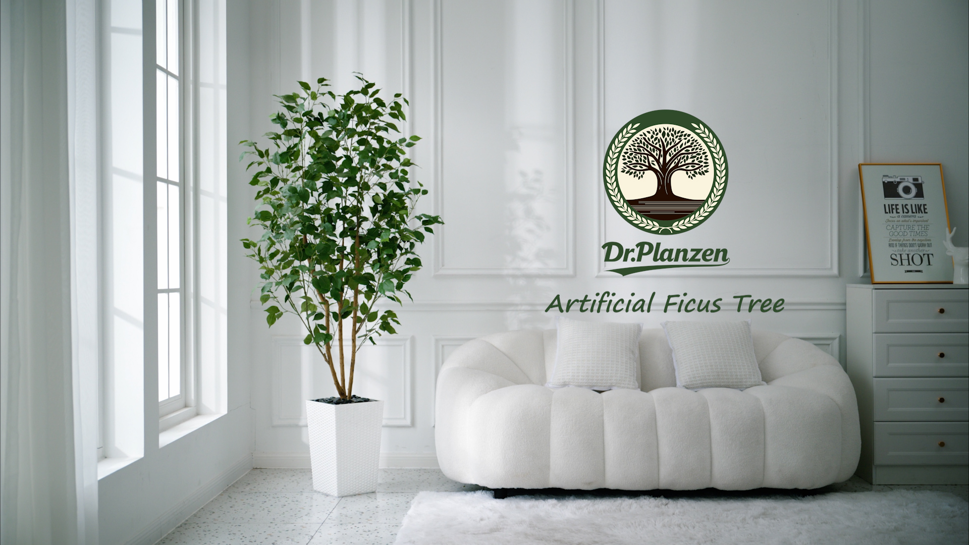 thumbnail video image 2 of DR.Planzen 5FT Artificial Ficus Tree with White Tall Planter, Realistic Silk UV-Resistant Leaves & Natural Wood Trunk for Home Office Decor, Tall Indoor Outdoor Faux Plant Low Maintenance House Decor, 2 of 6