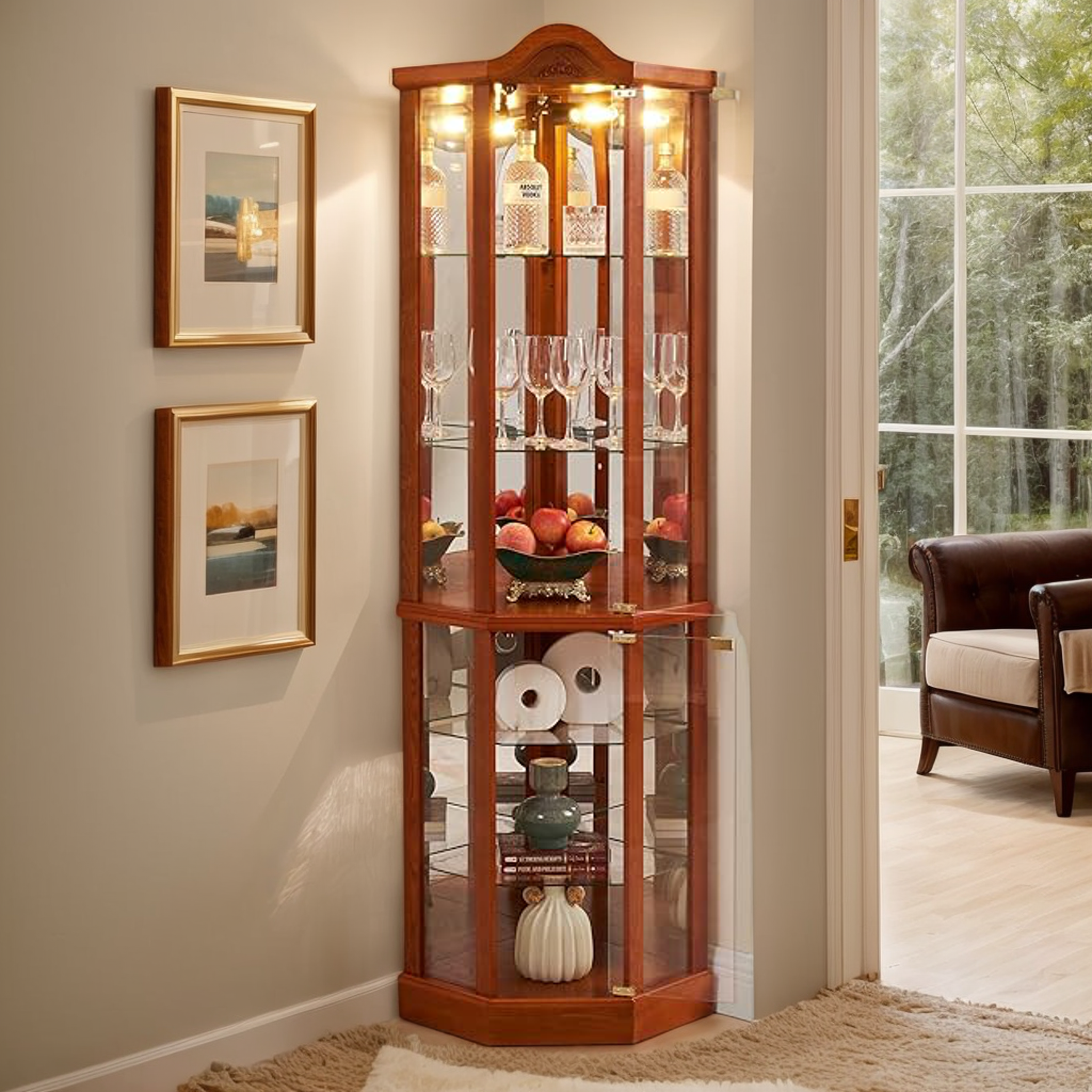 thumbnail video image 2 of Curio Cabinet 72" Lighted Glass Corner Cabinet, Corner Display Cabinet with 6 Adjustable Glass Shelves Vintage, Curio Display China Cabinet Light Bulb Included, 2 of 9