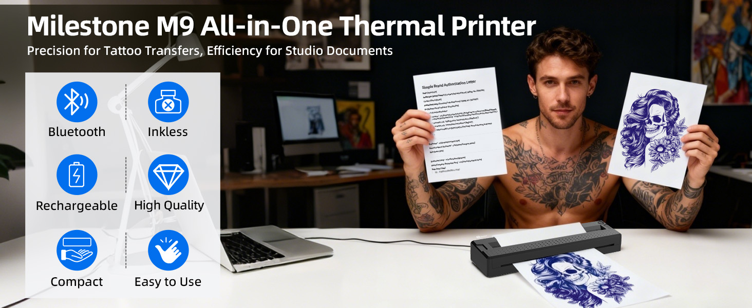 thumbnail video image 2 of Milestone Wireless Tattoo Printer Machine Kit, 2-in-1 Professional Portable Thermal Tattoo Stencil & Document Printer with 105pcs Transfer Paper, 2 of 9