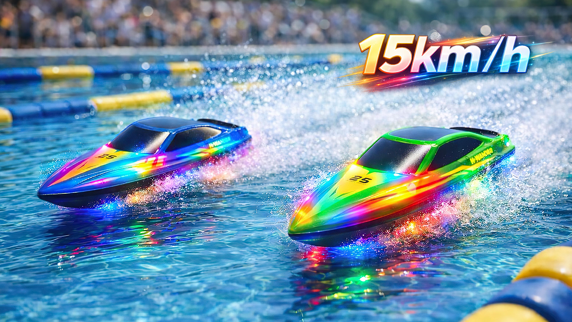thumbnail video image 2 of 2 Pack RC Boats with 7-Mode Colorful LED Lights, 10" Remote Control Boats, 15KM/H High Speed, 2.4GHz Remote, 3 Speed Modes, 4 Batteries, Pool & Lake Racing Gifts for Kids & Adults, 2 of 8
