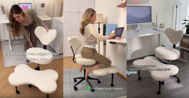 Pinmoco Ergonomic Cross Legged Swivel Chair, Adjustable Height and Teddy Fabric, Meditation& ADHD Chair with Back Support, Home and Office, Off White