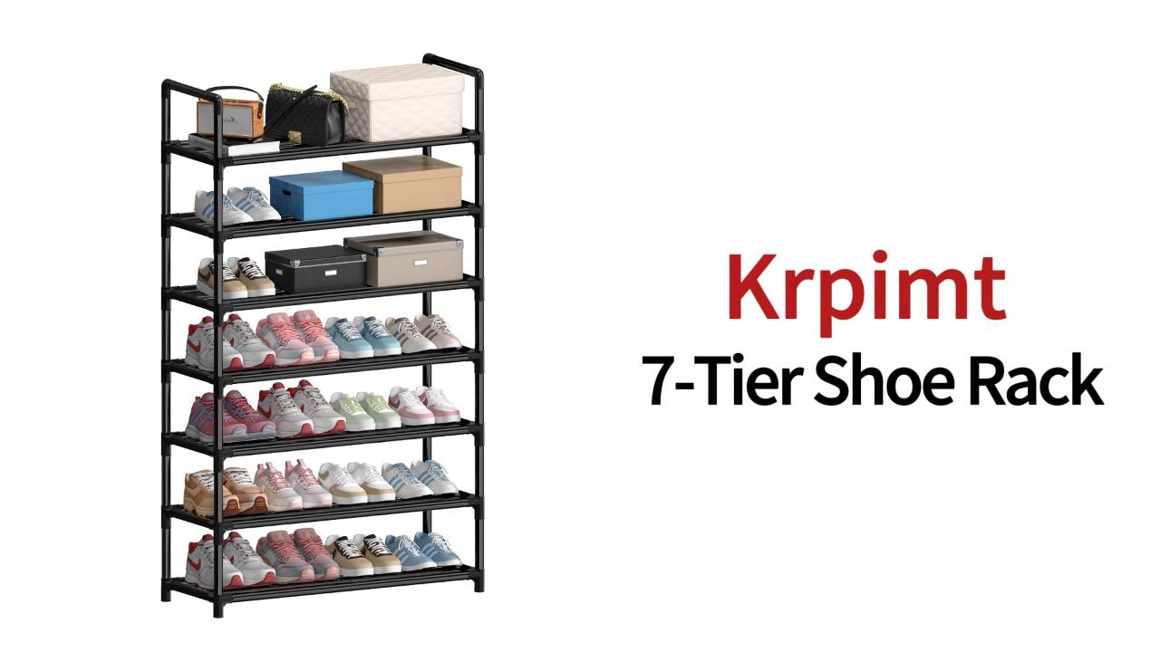 thumbnail video image 2 of Krpimt 7-Tier Shoe Rack, 31.5" Stackable Shoe Organizer Storage Holds 21-28 Pairs, Metal Shoe Shelf for Entryway Hallway and Closet, Black, 2 of 10