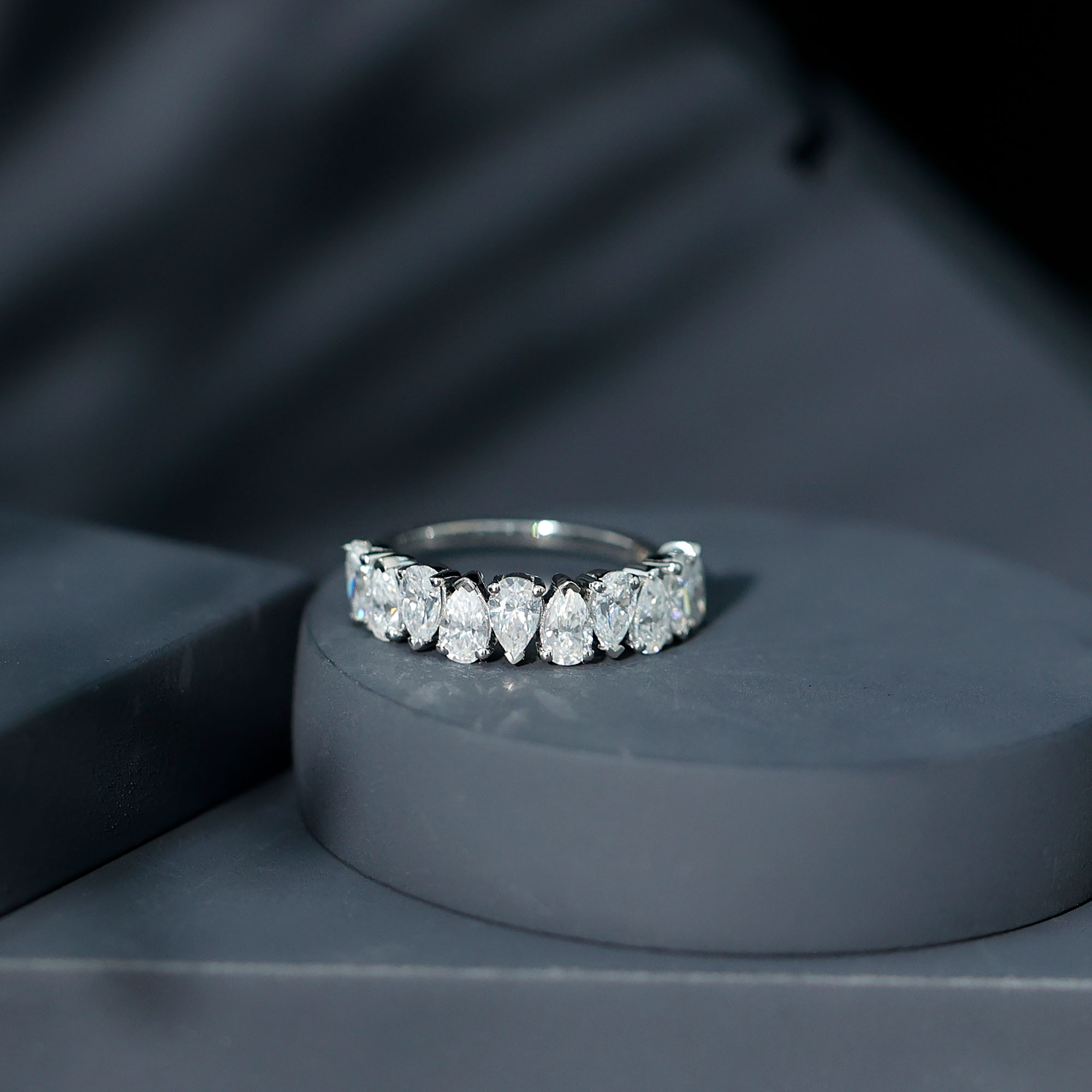 thumbnail video image 2 of Rosec Jewels Pear Shape Moissanite Half Eternity Ring for Women (D Color VS1 Clarity), 18K Yellow Gold, US 5.00, 2 of 7