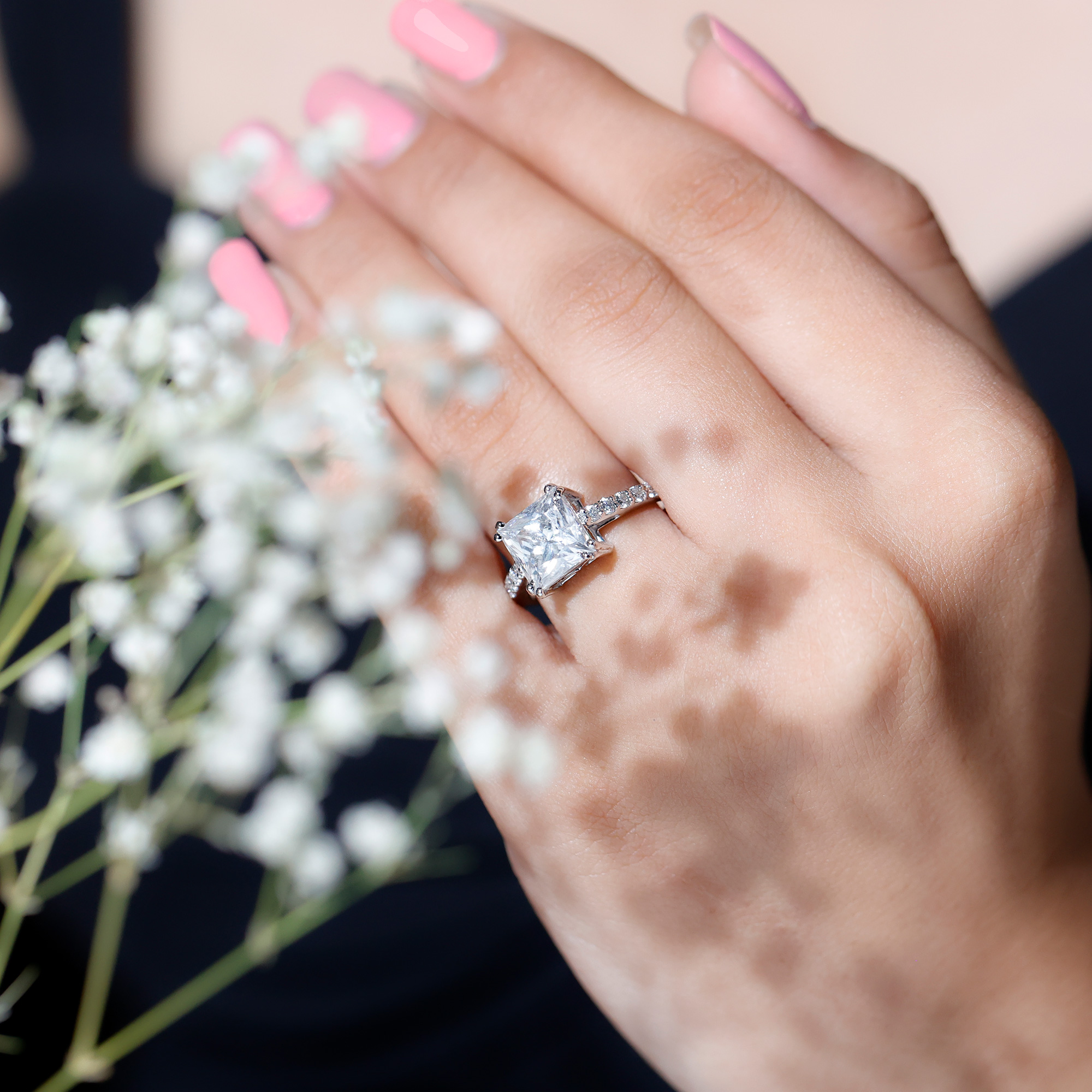 thumbnail video image 2 of Rosec Jewels Moissanite Solitaire Engagement Ring for Women (8 mm Princess Cut Moissanite, 3 Ct, D-VS1 Grade), 18K Yellow Gold, US 12.00, 2 of 9