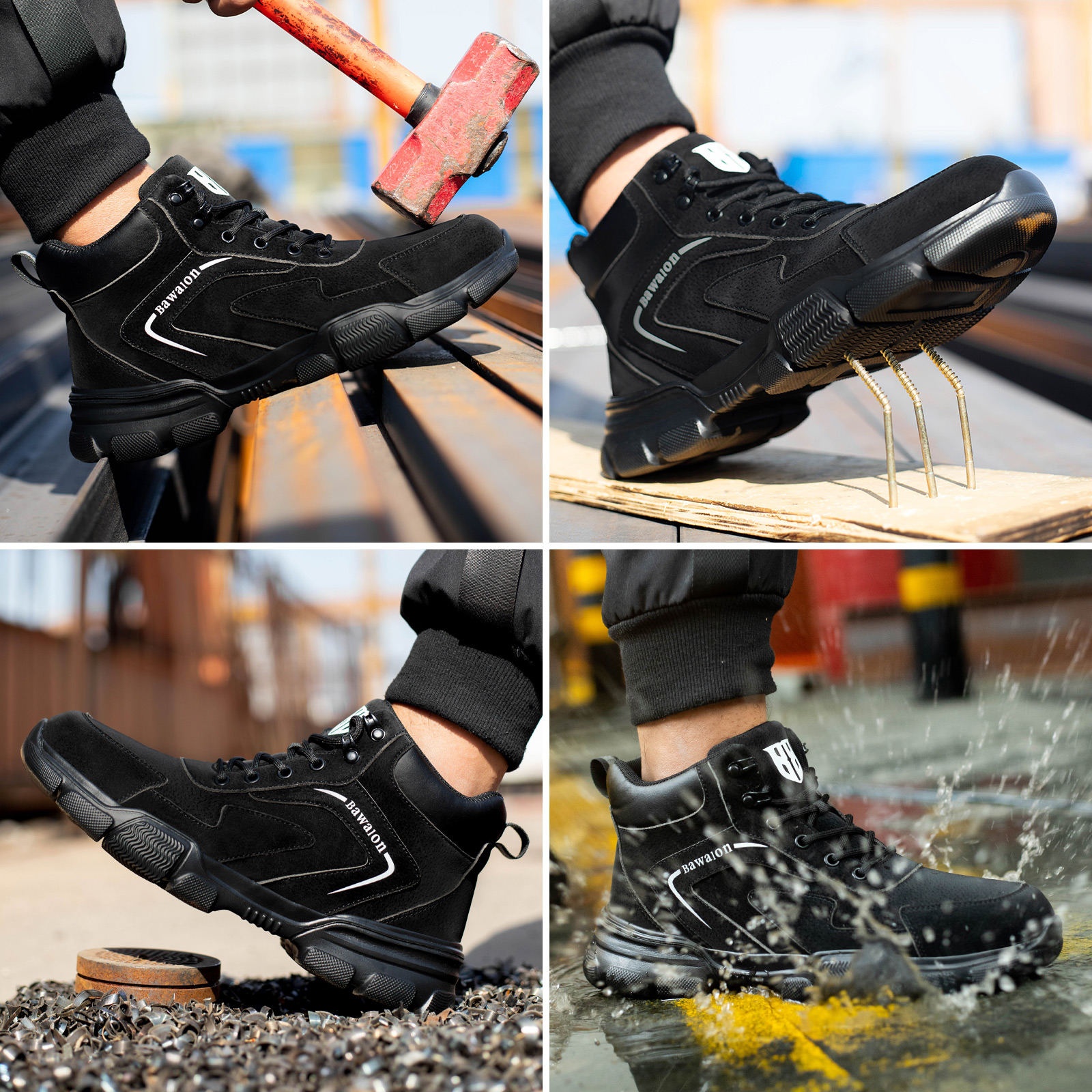 thumbnail video image 2 of Sogetch Waterproof Steel Toe Work Boots for Men Women Non-Slip Industrial Construction Safety Shoes, 2 of 9