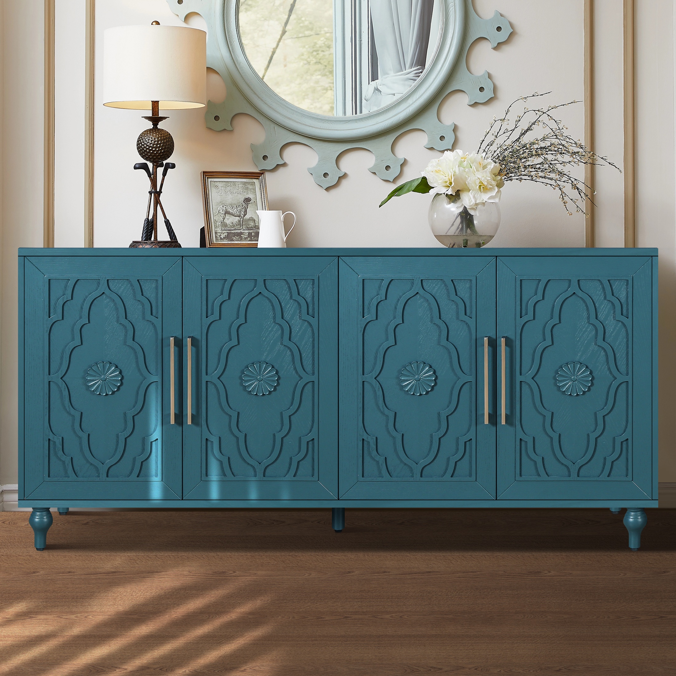 thumbnail video image 2 of Atumcto Sideboard Buffet 63" with Storage Cabinet, Carved Flowers Doors & Cable Holes for Living Room, Kitchen & Entryway Navy Blue, 2 of 11