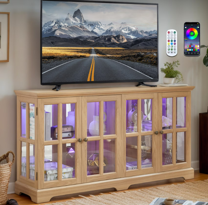 thumbnail video image 2 of CKEASEAN 59"W LED Curio Cabinet with 7 Color Lights for Collectibles, Glass Display Cabinets with 4 Doors & Adjustable Shelves, Smartphone-Controlled, Vintage Storage TV Stand with for Living Room, 2 of 11