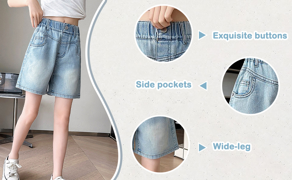 thumbnail video image 2 of KVPLBQFD Baggy Wide Leg Jean Shorts for Girls Y2k Trendy Jeans Blue High Rise Jorts Kids Gym Denim Shorts Teens Fashion Preppy Clothes, 2 of 8