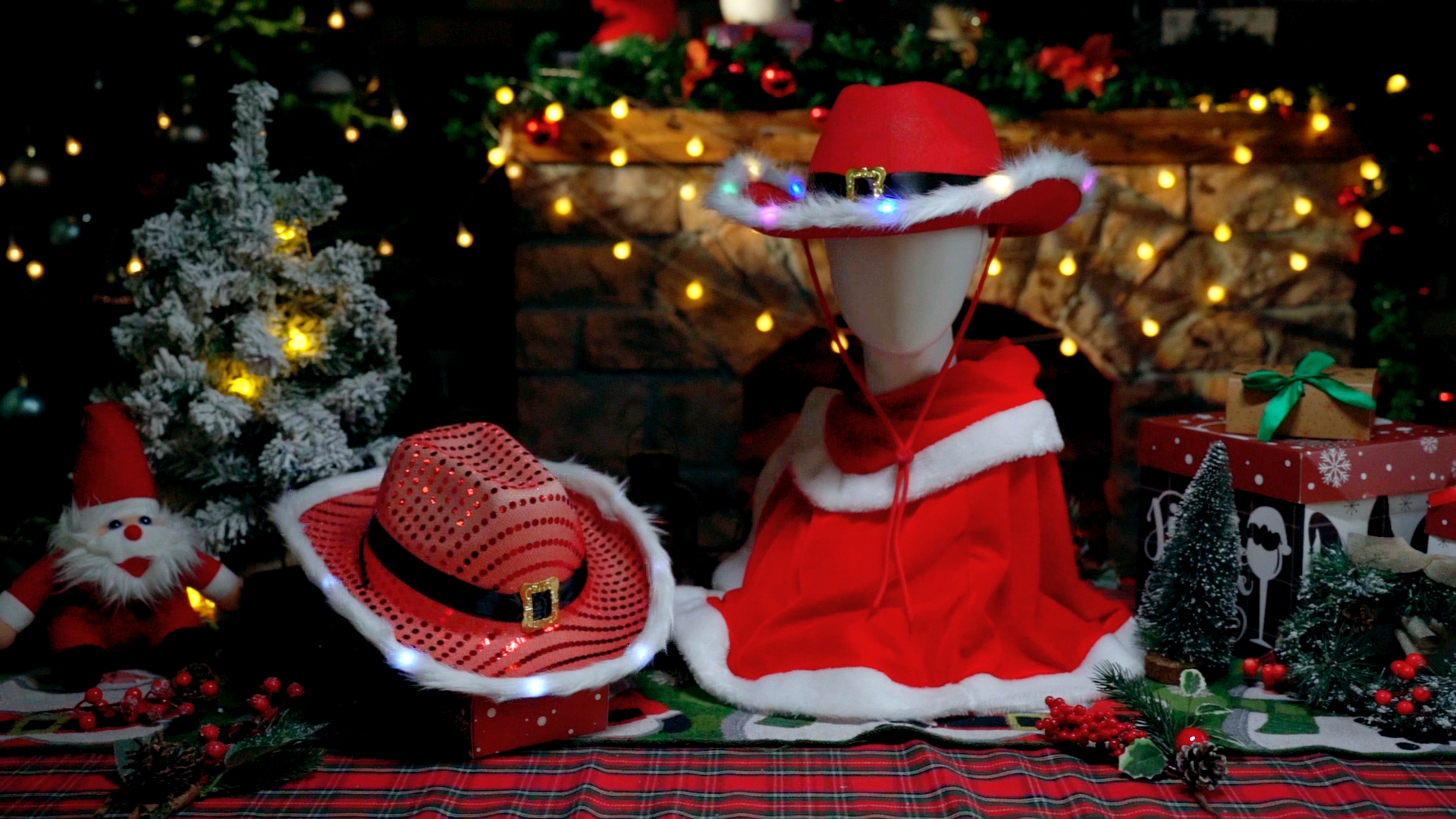 thumbnail video image 2 of Light up LED Christmas Cowboy Hat Santa Hat Pack of 01 - Xmas Cowgirl Hat Santa Claus Western Hat for Gift Dressing up by PartyGlowz, 2 of 8
