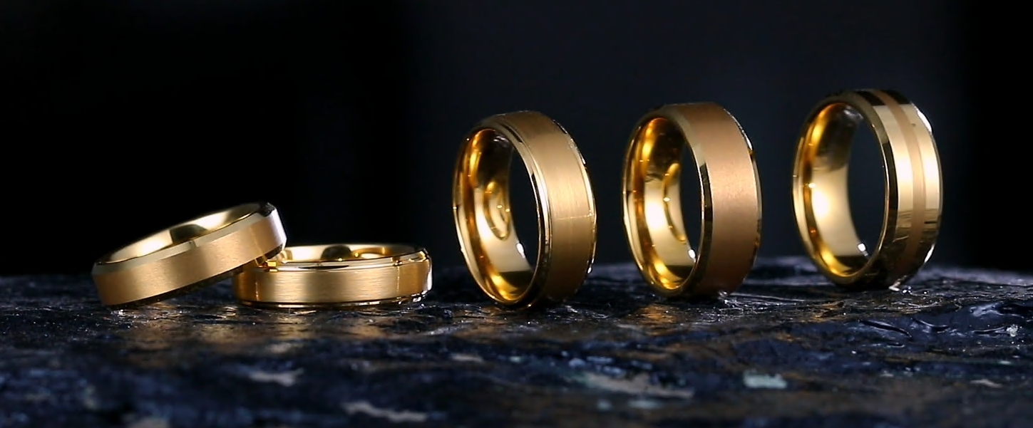 thumbnail video image 2 of King Will GLORY 6mm Wedding Rings for Men, Tungsten Carbide Wedding Band Gold Matte Brushed Finish Center Polished Step Edge, Comfort Fit Size 8.5, 2 of 8