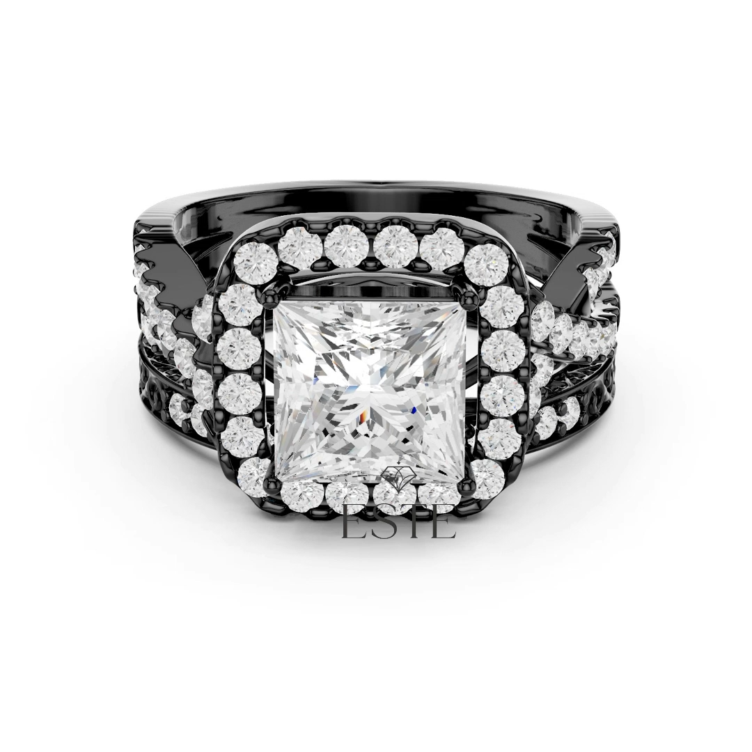 thumbnail video image 2 of 2ct Square Moissanite Wedding Ring Set - Vintage Inspired Halo – Twisted Band with Pave Accents in 18K Black Gold over Silver, 2 of 8
