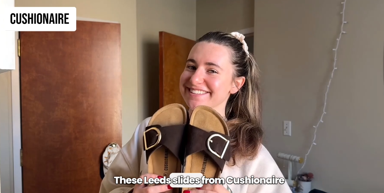 thumbnail video image 2 of Cushionaire Leeds 100% Genuine Leather Suede Womens Sandals, Comfortable Slides for Women with Adjustable Statement Buckle, 2 of 19