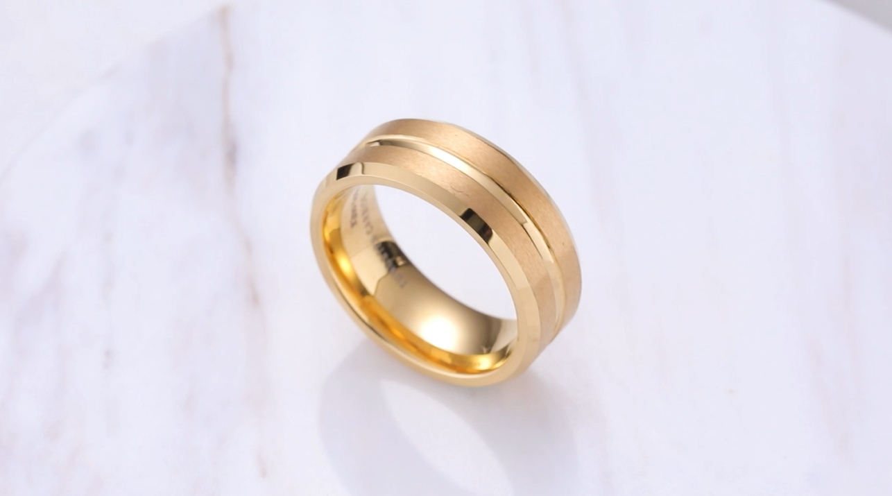 thumbnail video image 2 of King Will Tungsten Carbide Wedding Band for Men Women-8mm Width in Gold with Grooved Center Wedding Ring Matte Finished Suitable for Work, Gym Comfort Fit Size 8, 2 of 8
