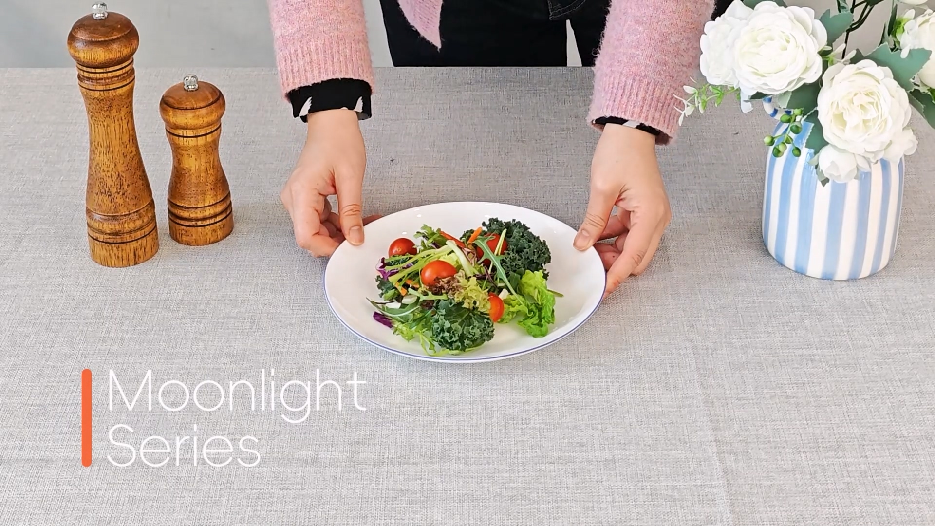 thumbnail video image 2 of LaGlint 8.5 inch Salad Plate Set of 6, Lightweight Opal Glass Round White Plates for Appetizer Dessert Kitchen, Dishwasher and Microwave Safe, Hand Painted Navy Blue Rim, 2 of 7