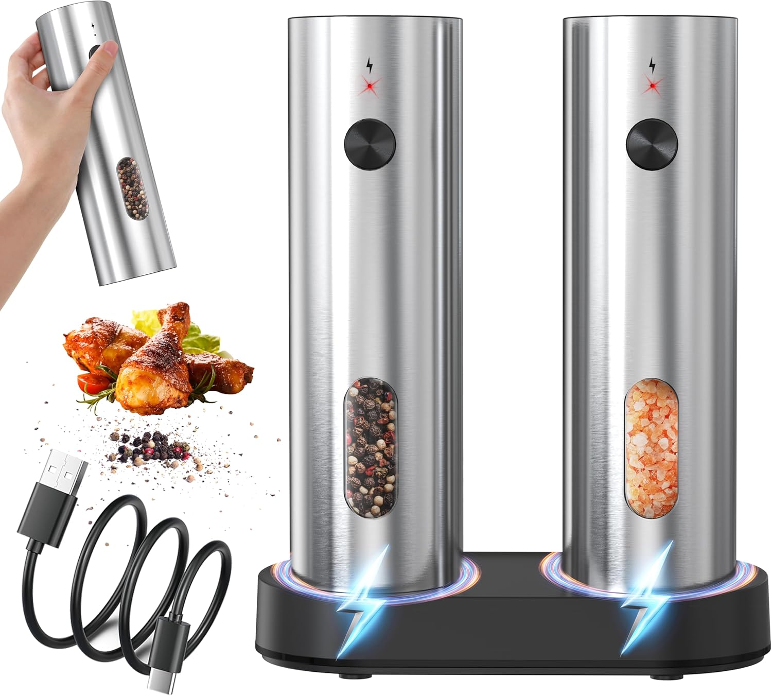 thumbnail video image 2 of Electric Salt and Pepper Grinder Set, Pepper and Salt Shakers, Auto Pepper Mill with Rechargeable Base/Led Light/Adjustable Coarseness, Kitchen Essentials Ideal for Daily Use & New Home Gift, 2 of 12