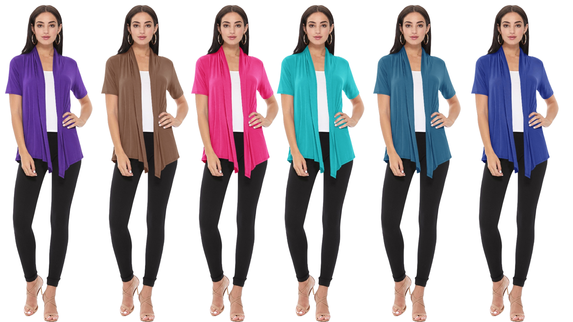 thumbnail video image 2 of Women's Casual Solid Short Sleeve Basic Open Draped Front Cardigan Office Wear, 2 of 6