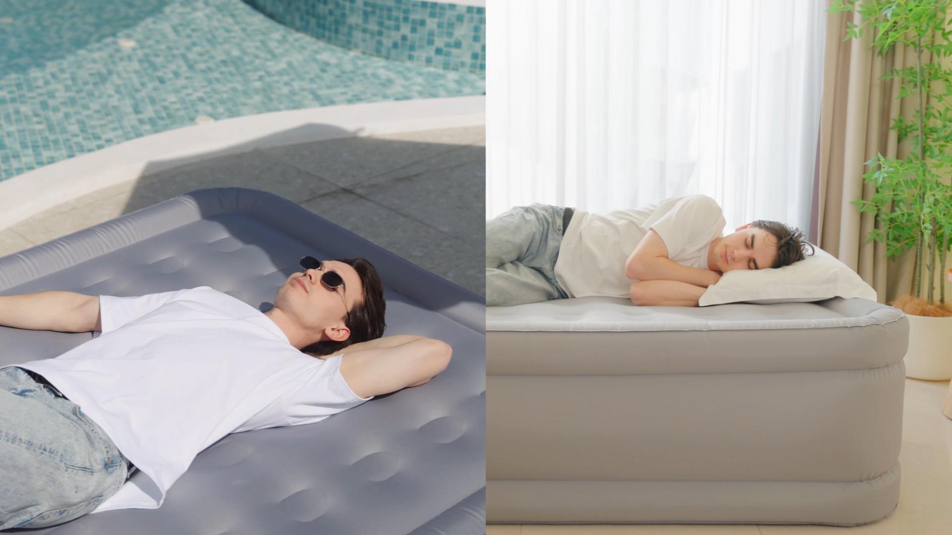 thumbnail video image 2 of Queen Air Mattress with Built-in Wireless Pump-Inflatable Bed for Camping&Guests,All Fabric Cooling Toppe,22"Gray,3 Minutes Inflation, 2 of 8