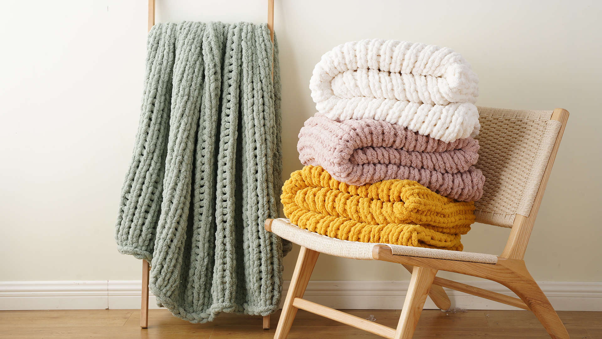 thumbnail video image 2 of Mustard Yellow Chunky Knit Throw Blanket,Thick Chenille Blanket For Spring Home Decor,50"X60", 2 of 9