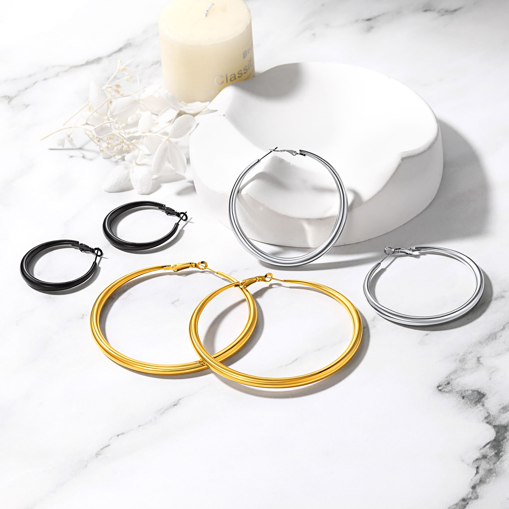 thumbnail video image 2 of FOCALOOK Chunky Black Hoop Earrings for Women 316L Stainless Steel Hypoallergenic 5mm Thick Tube Simple Circle Hoops 40mm, 2 of 9