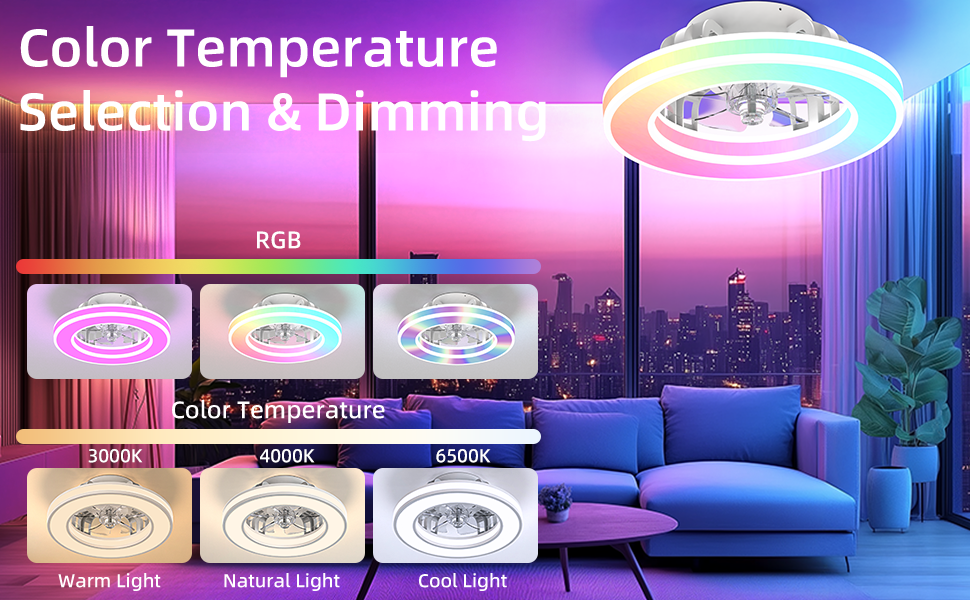 thumbnail video image 2 of 16 Inch Small Ceiling Fans With LED Lights And Remote,RGBW Multi-Color,25W DC Quiet Motor,Reversible,6 Speeds,Low Profile, RGB+3 Colors,Compact,Bladeless,Flush Mount Ceiling Fixture, 2 of 10