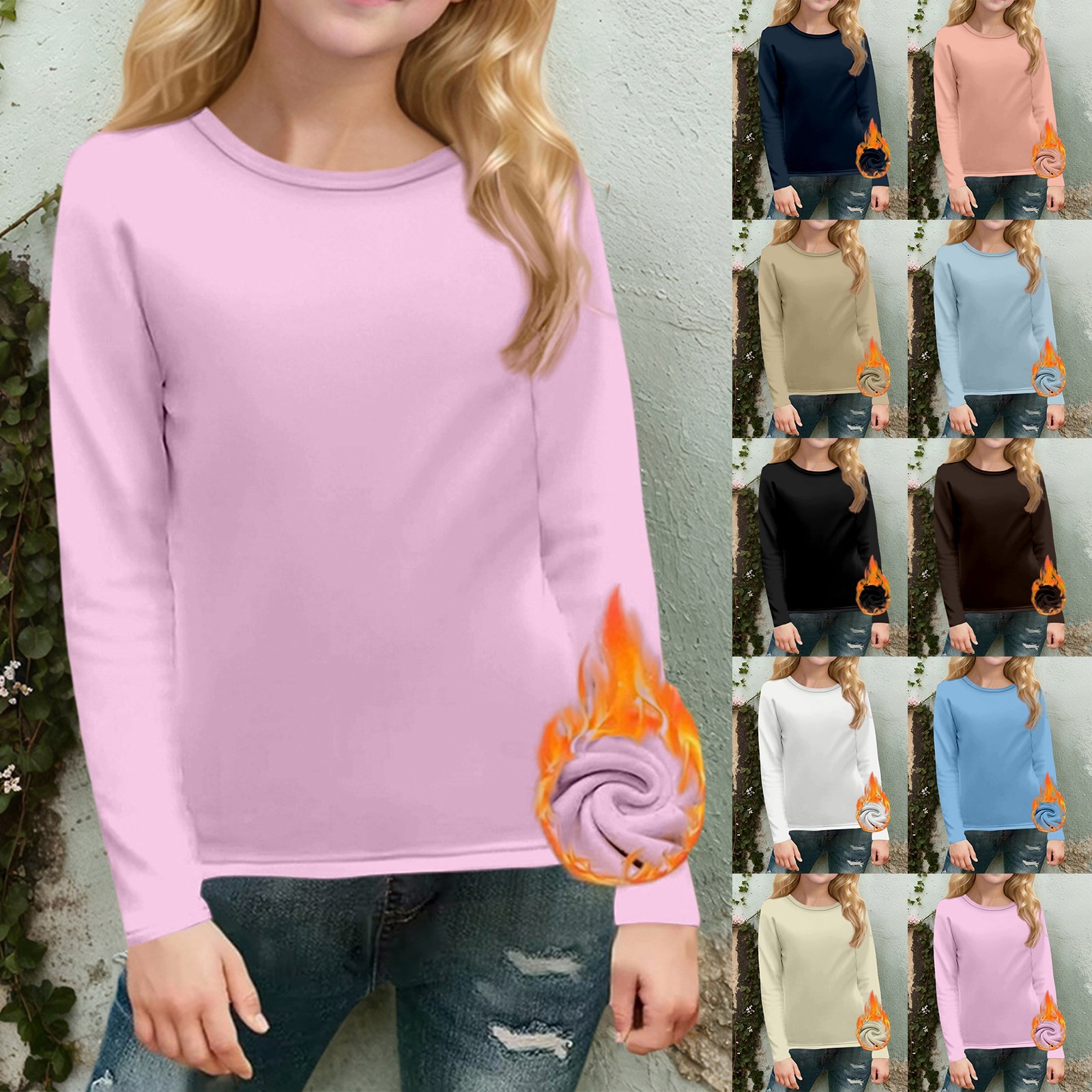 thumbnail video image 2 of Girls Long Sleeve Shirts Kids Girls' Tees Thermal Basic Tops Lined Crewneck Trendy Fall Layering Tees 3-11 Years, 2 of 5
