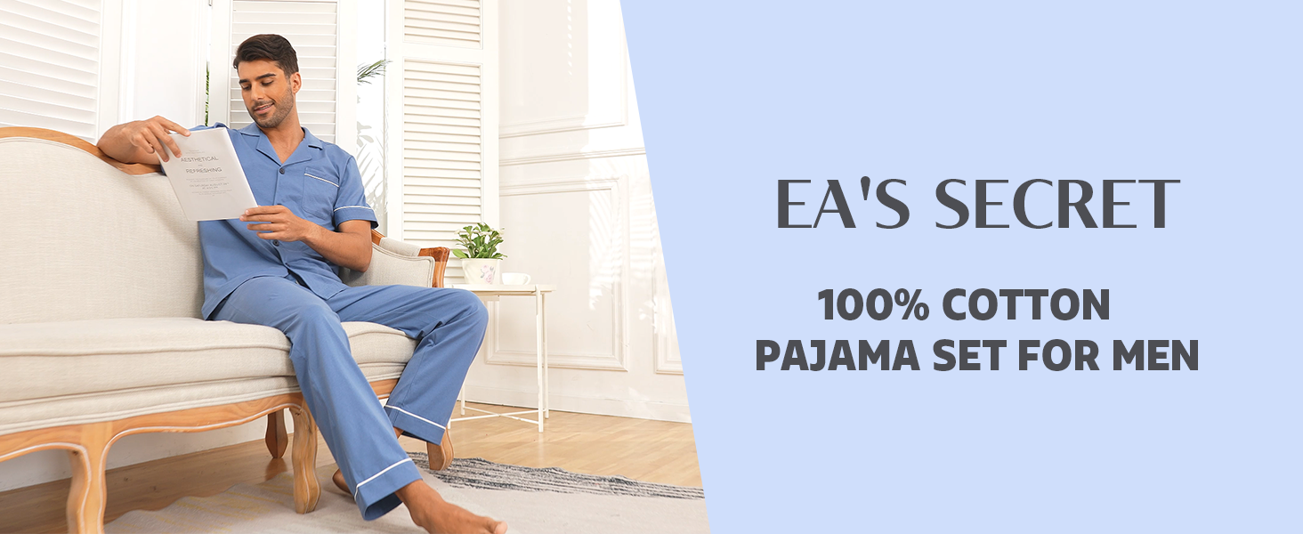 thumbnail video image 2 of EA'S SECRET Men's 100% Cotton Pajama Sets Button Down Loungewear with Long Pants Summer Breathable Pjs with Pockets(Blue,L), 2 of 9
